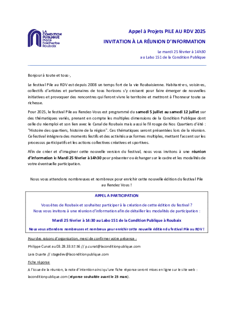 Lettre d'invitation à la réunion d'information Pile au RDV 2025